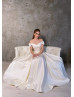Off Shoulder Ivory Satin High Slit Simple Wedding Dress